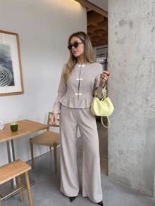 Serisse Setelan Atasan Lengan Panjang Berkerut Bergaris Cokelat, Berkancing Depan, dan Celana Panjang Lebar untuk Musim Gugur, Setelan Kasual Dua Potong untuk Wanita, Setelan Musim Dingin, Kemeja Bergaris - Coklat - View 4