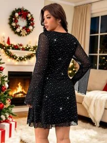 SHEIN EZwear فستان حفلة كاجوال للنساء بمقاسات كبيرة بياقة V عميقة من الدانتيل للخريف - الأسود - مشاهدة 2