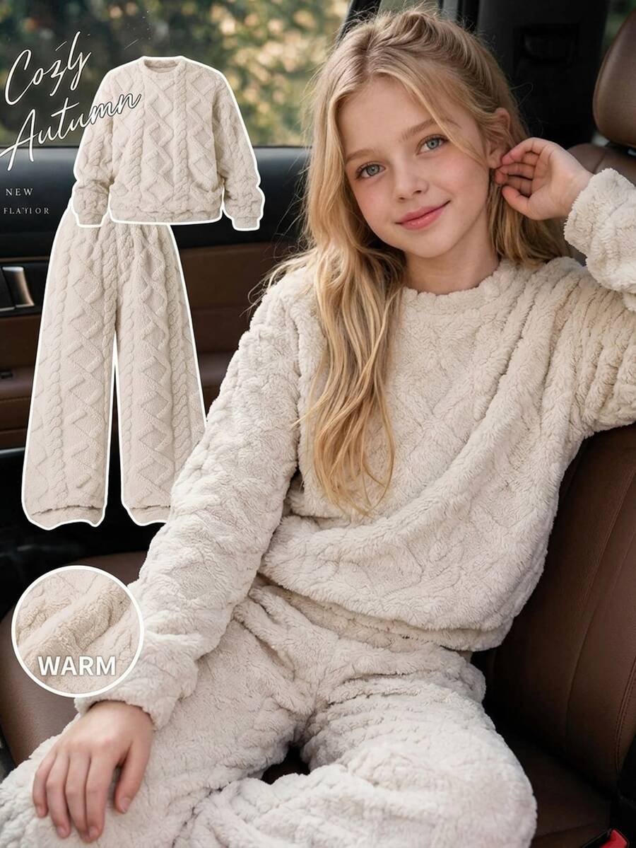 SHEIN 2件組女款青少年休閒淺杏色毛絨套裝,秋冬款 - 米色 - 查看 1