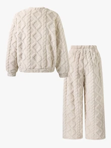 SHEIN 2件組女款青少年休閒淺杏色毛絨套裝，秋冬款 - 米色 - 查看 8