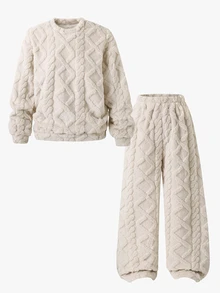 SHEIN 2件組女款青少年休閒淺杏色毛絨套裝，秋冬款 - 米色 - 查看 3