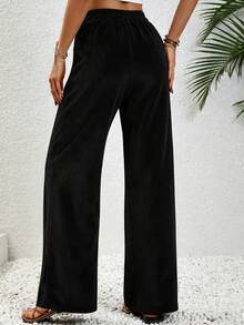 Aalyst Women's Solid Color Waist Tie Pocket Loose Wide Leg Casual Pants Fall Cloth For Women - Black - View 2