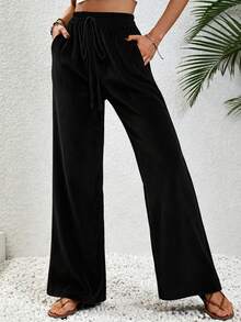 Aalyst Women's Solid Color Waist Tie Pocket Loose Wide Leg Casual Pants Fall Cloth For Women - Black - View 5