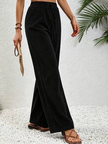 Aalyst Women's Solid Color Waist Tie Pocket Loose Wide Leg Casual Pants Fall Cloth For Women - Black - View 3