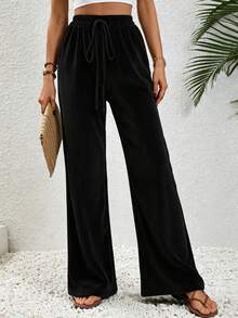 Aalyst Women's Solid Color Waist Tie Pocket Loose Wide Leg Casual Pants Fall Cloth For Women - Black - View 4