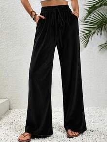 Aalyst Women's Solid Color Waist Tie Pocket Loose Wide Leg Casual Pants Fall Cloth For Women - Black - View 6