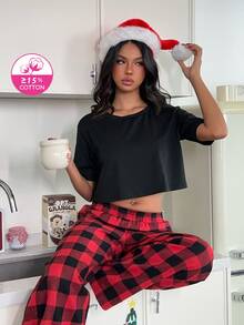 ZzzCrew Women's Cropped Top Plaid Pants Pajama Set Lounge Black Red And Black Summer Casual Simple - Multicolor - View 1