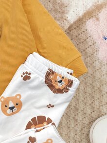 SHEIN 新生兒 3D 獅子裝飾長袖上衣與長褲居家服套裝 - 黃色 - 查看 5