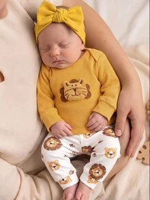SHEIN 新生兒 3D 獅子裝飾長袖上衣與長褲居家服套裝 - 黃色 - 查看 6