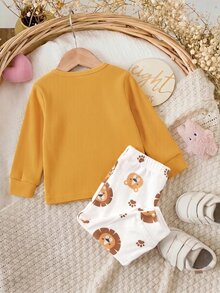 SHEIN 新生兒 3D 獅子裝飾長袖上衣與長褲居家服套裝 - 黃色 - 查看 2