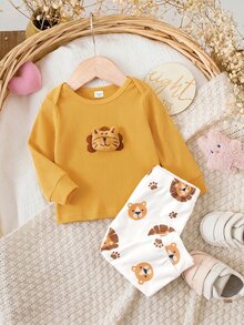 SHEIN 新生兒 3D 獅子裝飾長袖上衣與長褲居家服套裝 - 黃色 - 查看 3