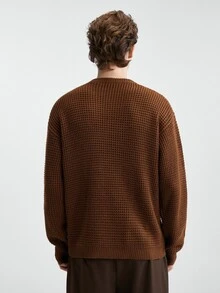 Manfinity CasualKnits Men's Solid Color Crew Neck Drop Shoulder Long Sleeve Casual Loose Fit Sweater Comfortable For Daily Outings And Activities - Brown - View 3