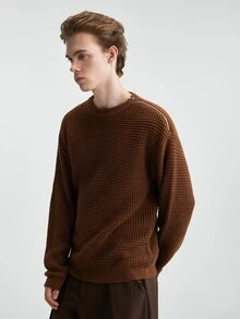 Manfinity CasualKnits Men's Solid Color Crew Neck Drop Shoulder Long Sleeve Casual Loose Fit Sweater Comfortable For Daily Outings And Activities - Brown - View 9