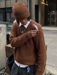 Manfinity CasualKnits Men's Solid Color Crew Neck Drop Shoulder Long Sleeve Casual Loose Fit Sweater Comfortable For Daily Outings And Activities - Brown - View 2
