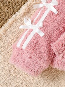 SHEIN 女嬰純色粉色＋蝴蝶結毛絨短腰拉鍊開襟衫 半高領 時尚簡約百搭外套，適合戶外穿著 - 粉色 - 查看 14
