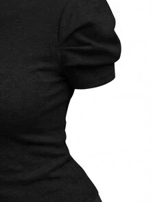 Editum Petal Sleeve Round Neck Tee Red Blouse - Black - View 4