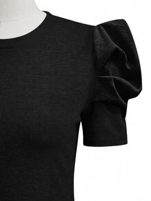 Editum Petal Sleeve Round Neck Tee Red Blouse - Black - View 3