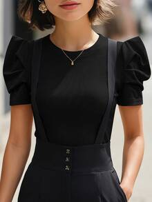 Editum Petal Sleeve Round Neck Tee Red Blouse - Black - View 7