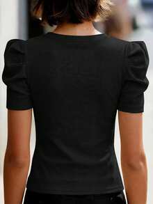Editum Petal Sleeve Round Neck Tee Red Blouse - Black - View 2