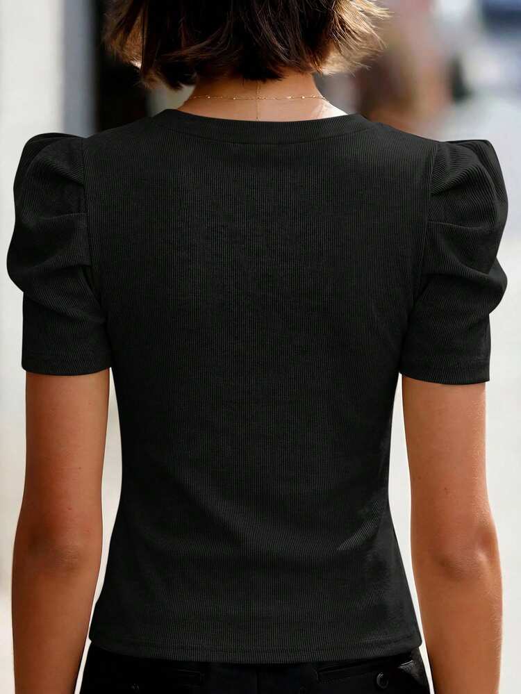 Editum Petal Sleeve Round Neck Tee Red Blouse - Black - View 2