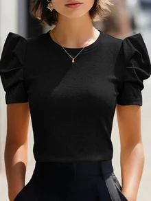 Editum Petal Sleeve Round Neck Tee Red Blouse - Black - View 1