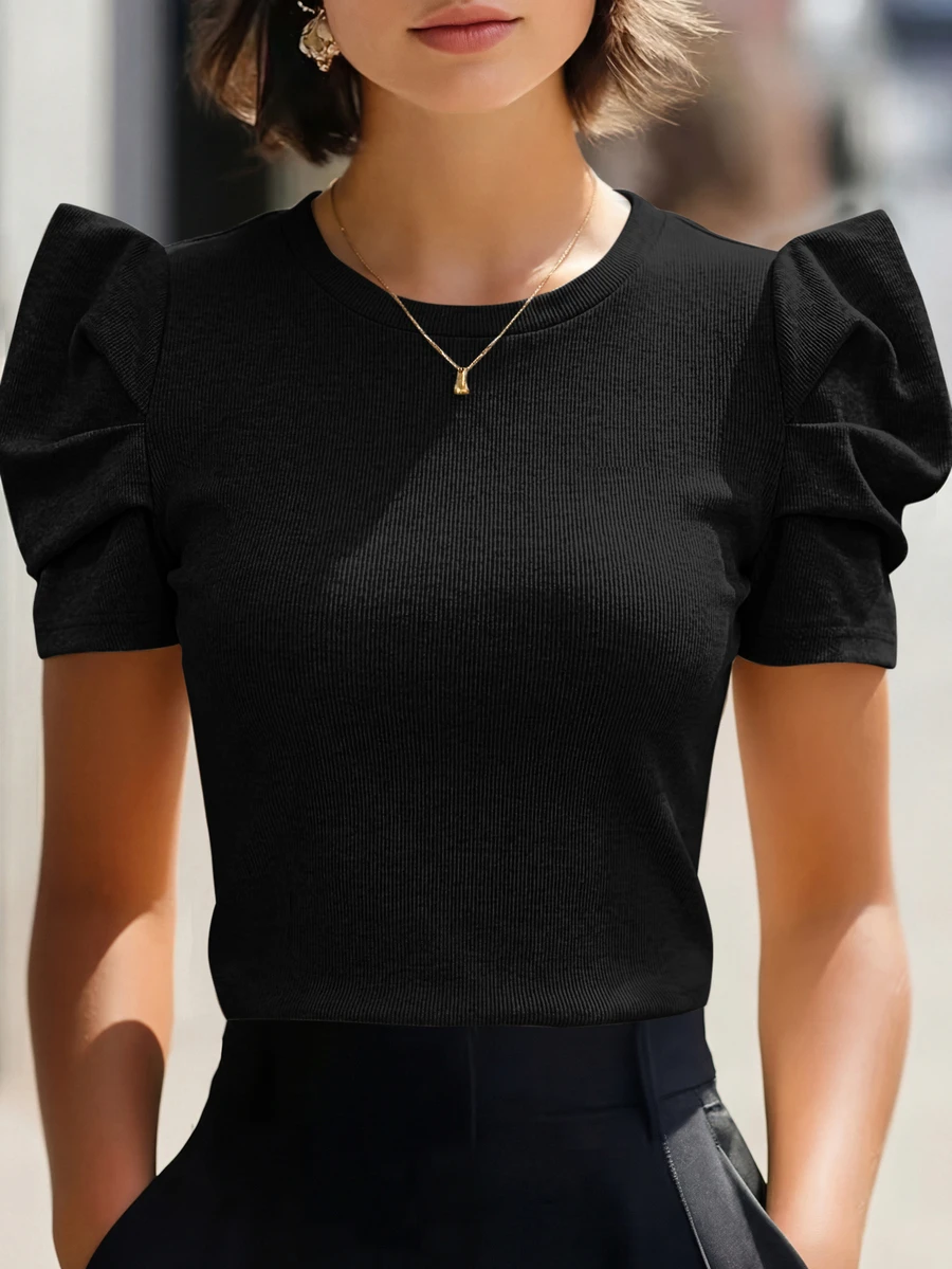 Editum Petal Sleeve Round Neck Tee Red Blouse - Black - View 1