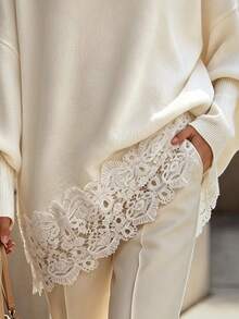 RosyDaze Women's Festival Outfits Spring, Summer, Autumn, And Winter Lace Patchwork Casual Daily Long Sleeve Sweater - Beige - View 7