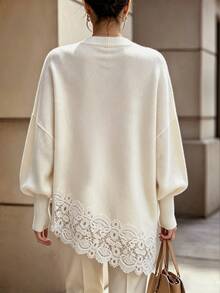 RosyDaze Women's Festival Outfits Spring, Summer, Autumn, And Winter Lace Patchwork Casual Daily Long Sleeve Sweater - Beige - View 3
