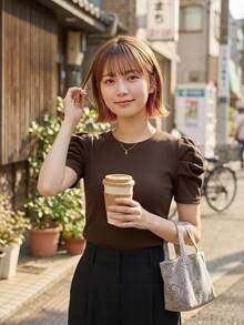 Editum Petal Sleeve Round Neck Tee Dark Brown Blouse Office Brunch Summer Elegant Casual - Coffee Brown - View 8