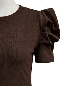 Editum Petal Sleeve Round Neck Tee Dark Brown Blouse Office Brunch Summer Elegant Casual - Coffee Brown - View 3