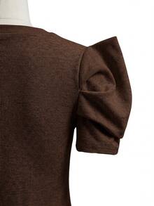 Editum Petal Sleeve Round Neck Tee Dark Brown Blouse Office Brunch Summer Elegant Casual - Coffee Brown - View 5