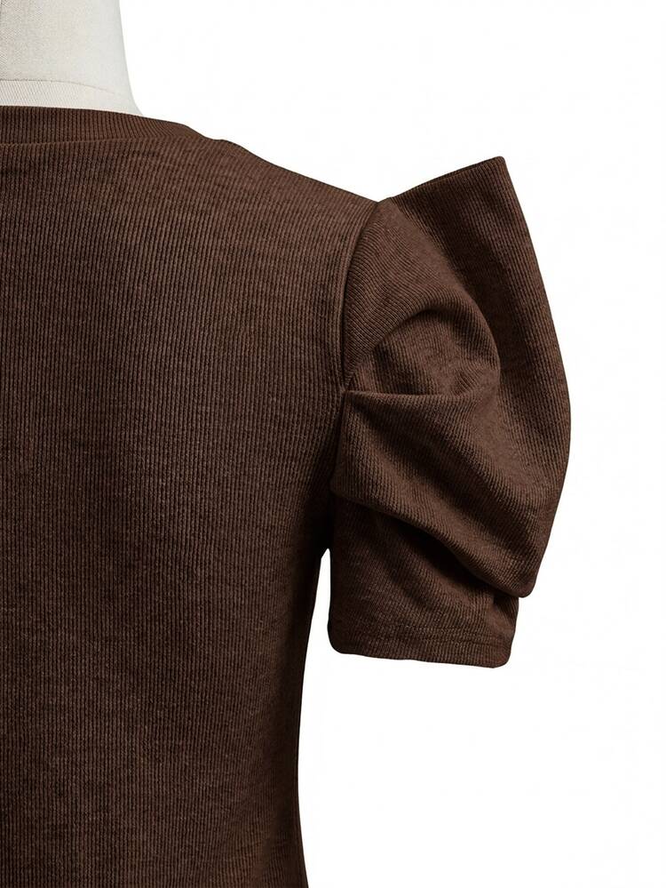 Editum Petal Sleeve Round Neck Tee Dark Brown Blouse Office Brunch Summer Elegant Casual - Coffee Brown - View 5