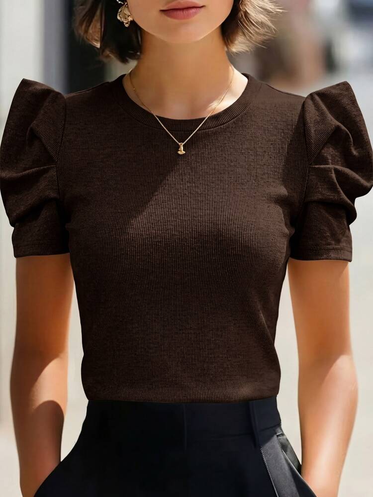Editum Petal Sleeve Round Neck Tee Dark Brown Blouse Office Brunch Summer Elegant Casual - Coffee Brown - View 1