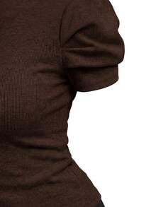 Editum Petal Sleeve Round Neck Tee Dark Brown Blouse Office Brunch Summer Elegant Casual - Coffee Brown - View 4