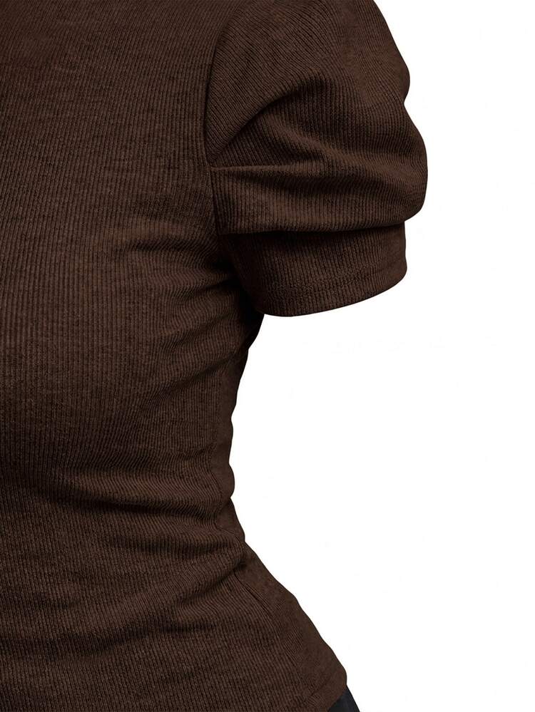 Editum Petal Sleeve Round Neck Tee Dark Brown Blouse Office Brunch Summer Elegant Casual - Coffee Brown - View 4