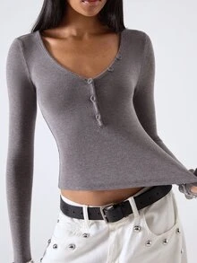 LYSMO Women's Solid Color Slim Fit Versatile Daily Long Sleeve T-Shirt - Dark Grey - View 8