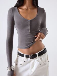 LYSMO Women's Solid Color Slim Fit Versatile Daily Long Sleeve T-Shirt - Dark Grey - View 3