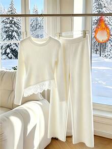 GlowEve Fall Clothes FOR WomenWomen's Autumn/Winter Casual Lace Patchwork Top & Pants 2 Pieces Set - Apricot - View 8