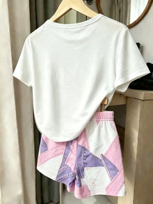 SHEIN White Purple Colorblock Heart Print Crew Neck Short Sleeve Young Girl 2 Pieces Set Summer Patchwork Denim Effect Shorts T-Shirt 7th Birthday - White - View 2