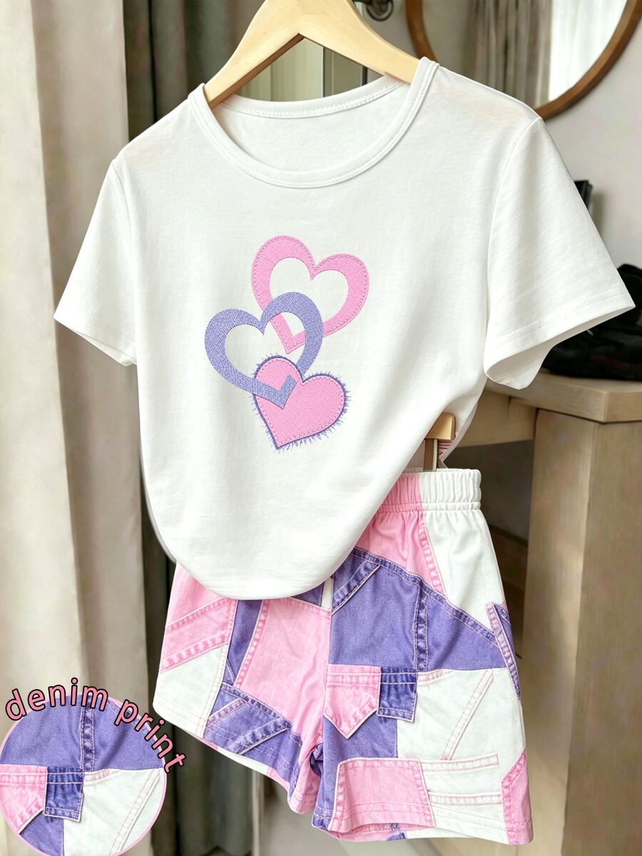 SHEIN White Purple Colorblock Heart Print Crew Neck Short Sleeve Young Girl 2 Pieces Set Summer Patchwork Denim Effect Shorts T-Shirt 7th Birthday - White - View 1