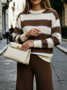 SHEIN Brown Striped Brown Patchwork Crew Neck Loose Pullover Sweater Lounge Autumn Minimalist Casual - Coffee Brown - View 9