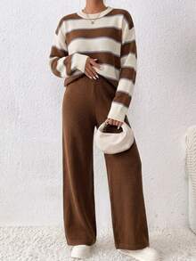 SHEIN Brown Striped Brown Patchwork Crew Neck Loose Pullover Sweater Lounge Autumn Minimalist Casual - Coffee Brown - View 6