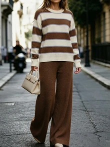 SHEIN Brown Striped Brown Patchwork Crew Neck Loose Pullover Sweater Lounge Autumn Minimalist Casual - Coffee Brown - View 2