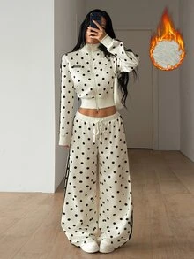 SHEIN ICON 女款街頭風休閒保暖米色與黑色波點側條紋抓絨內裡對比織帶寬腿長褲 - 杏色 - 查看 5