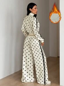 SHEIN ICON 女款街頭風休閒保暖米色與黑色波點側條紋抓絨內裡對比織帶寬腿長褲 - 杏色 - 查看 1