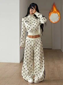 SHEIN ICON 女款街頭風休閒保暖米色與黑色波點側條紋抓絨內裡對比織帶寬腿長褲 - 杏色 - 查看 4