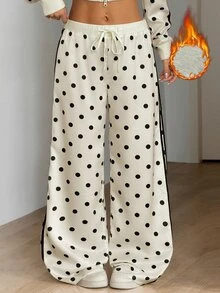 SHEIN ICON 女款街頭風休閒保暖米色與黑色波點側條紋抓絨內裡對比織帶寬腿長褲 - 杏色 - 查看 6
