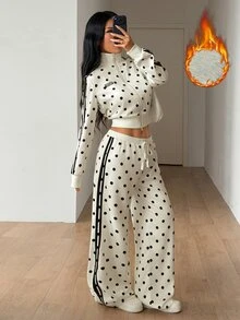 SHEIN ICON 女款街頭風休閒保暖米色與黑色波點側條紋抓絨內裡對比織帶寬腿長褲 - 杏色 - 查看 2