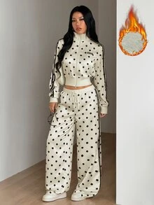 SHEIN ICON 女款街頭風休閒保暖米色與黑色波點側條紋抓絨內裡對比織帶寬腿長褲 - 杏色 - 查看 3