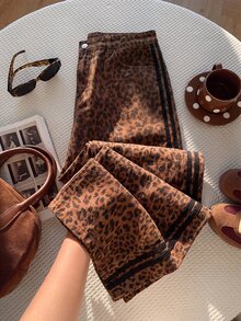 Slaydiva Plus Size Vintage Leopard Print Drawstring Wide Leg Long Pants With Black Side Webbing, Double Back Patch Pockets, High Waist, Street Style, Draped Floor-Length Casual Pants - Multicolor - View 2